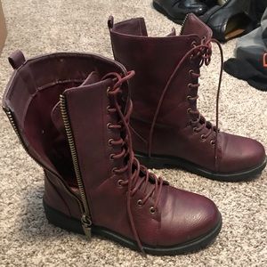 Zip up boots, combat, wine